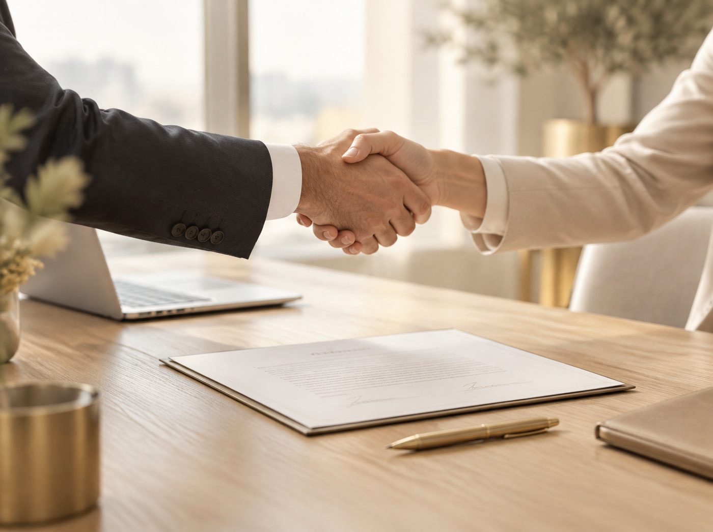 Aperto de mãos sobre contrato assinado em mesa de reunião